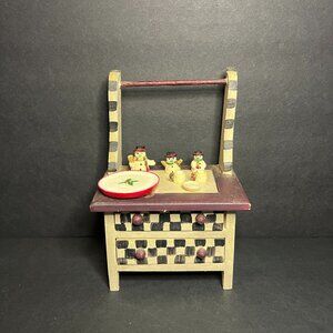 VTG Mills River Mini Checkered Cabinet w/ Christmas Snowman Jars, Plates & Cups